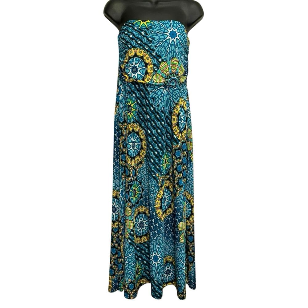 Win Win Maxi Dress L/XL Blue Green Boho Print Sleeveless